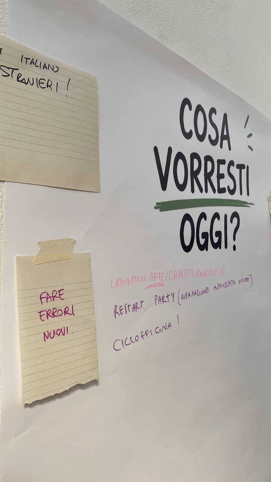 Cartellone “COSA VORRESTI OGGI?” con post-it (“Italiani/Stranieri!”, “Fare errori nuovi”) e idee scritte direttamente sul foglio: Laboratori arte/graffiti/murales, Restart party, Ciclofficina