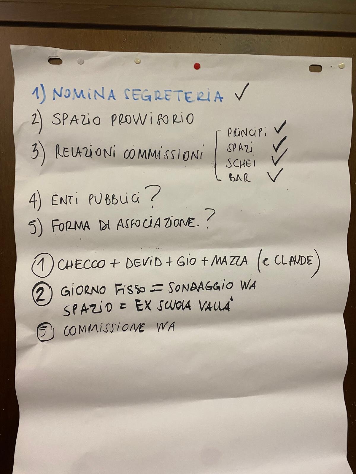 La lavagna di fine giornata: i cinque punti all&rsquo;ordine del giorno, le spunte, e sotto gli esiti — segreteria, giorno fisso con sondaggio WhatsApp, spazio alla ex scuola di Vallà, commissione per la forma associativa